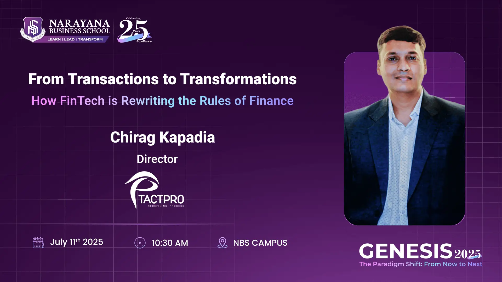 Genesis 2025 event featuring speaker Chirag Kapadia director of Tactpro.
