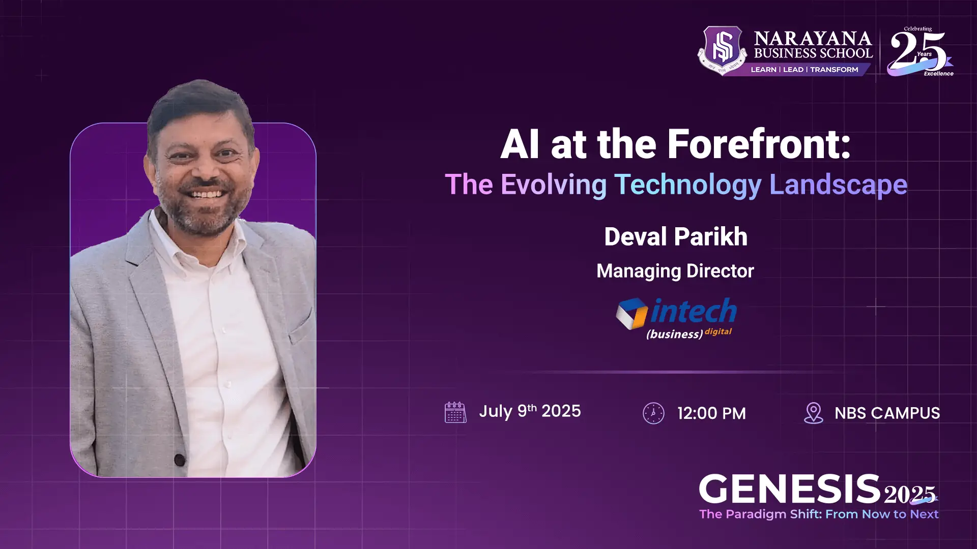 Genesis 2025 event featuring speaker Deval Parikh managing director of Intech.
