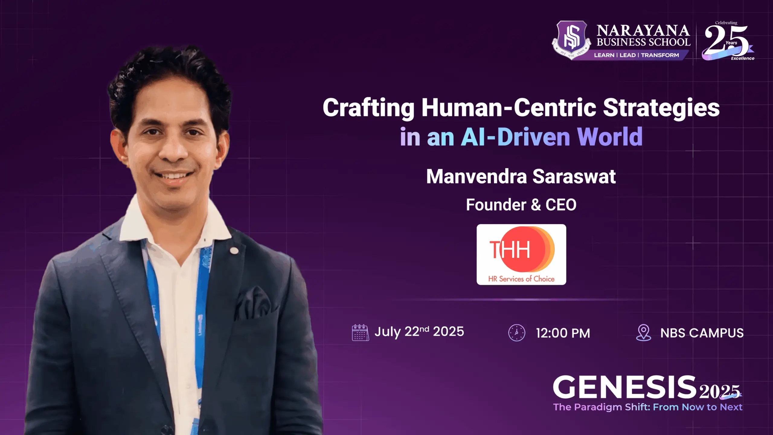 Genesis 2025 event featuring speaker Manvendra Saraswat founder and CEO of THH.