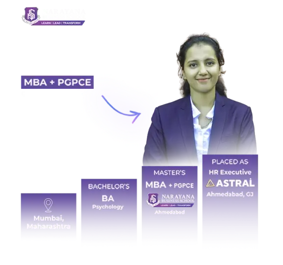 MBA + PGPCE alumnus from Narayana Business School Ahmedabad—journey from BA Psychology in Mumbai to HR Executive at Astral, Ahmedabad; top MBA & PGDM college in India with AI-powered curriculum and global placement opportunities.
