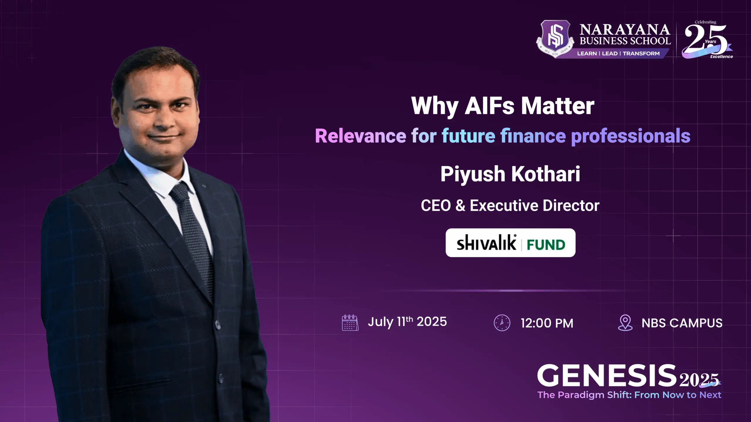 Genesis 2025 event featuring speaker Piyush Kothari CEO and executive director of Shivalik Fund.