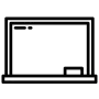 Black outline icon of a classroom chalkboard or whiteboard with an eraser, representing education, teaching, learning, school, and academic instruction.