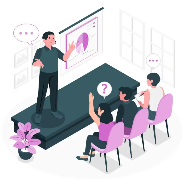 Illustration of an instructor giving a presentation to students in a classroom, representing academic learning and interactive teaching at top MBA colleges in Ahmedabad Gujarat.