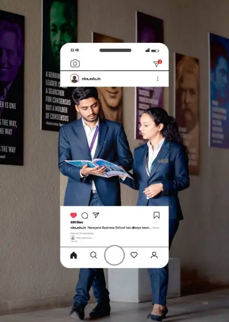 MBA students walking on campus at a top business management college in Ahmedabad Gujarat, discussing coursework with an Instagram-style overlay.